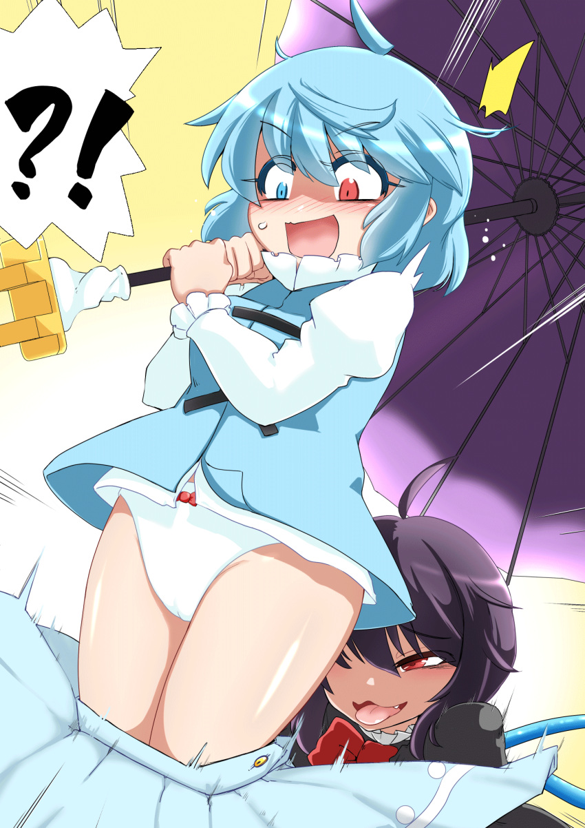 !? 2girls :3 ahoge assisted_exposure bangs black_dress black_hair blue_eyes blue_hair blue_skirt blue_vest blue_wings blush bow bow_panties bowtie breasts bright_pupils cameltoe commentary_request dress fang feet_out_of_frame geta hayashitsu heterochromia highres holding holding_umbrella houjuu_nue juliet_sleeves long_sleeves medium_breasts multiple_girls nose_blush open_mouth panties pantsing puffy_sleeves purple_umbrella red_bow red_bowtie red_eyes shiny_skin shirt short_hair skirt surprised tatara_kogasa tongue tongue_out touhou umbrella underwear v-shaped_eyebrows vest white_panties white_pupils white_shirt wings