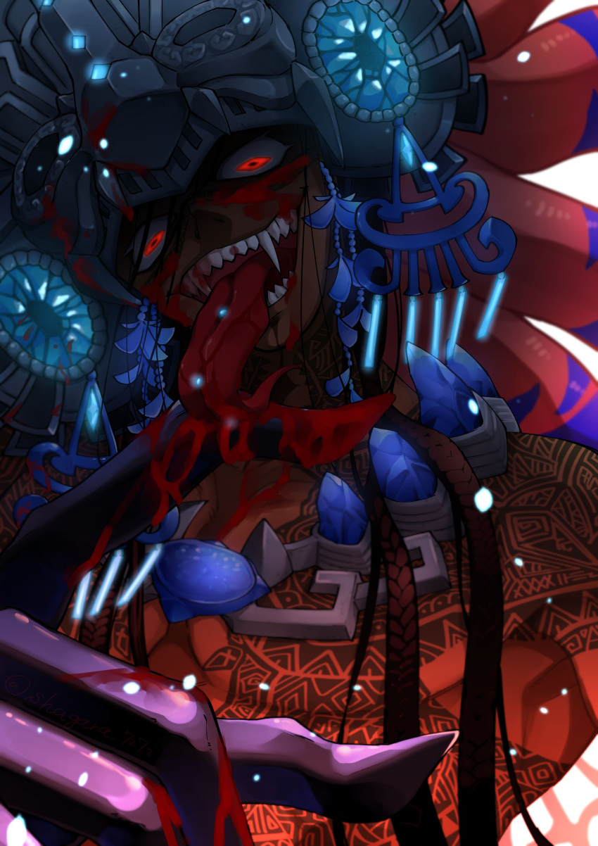 1boy absurdres black_hair black_skin blood blood_on_face blood_on_hands braid camazotz_(fate) colored_skin crazy_eyes evil_smile fate/grand_order fate_(series) full-body_tattoo headpiece highres jewelry long_hair long_tongue male_focus multiple_braids necklace open_mouth piercing red_eyes shagara sharp_teeth smile solo tattoo teeth tongue tongue_piercing topless_male white_background wide-eyed
