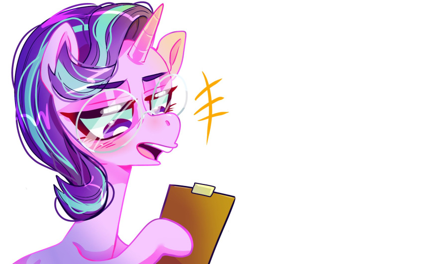 16:10 2023 clipboard digital_drawing_(artwork) digital_media_(artwork) equid equine eyebrows eyewear female feral friendship_is_magic glasses hair hasbro hi_res horn jully-park looking_down mammal multicolored_hair my_little_pony open_mouth pink_body pupils purple_hair simple_background solo starlight_glimmer_(mlp) two_tone_hair unicorn white_background white_pupils widescreen