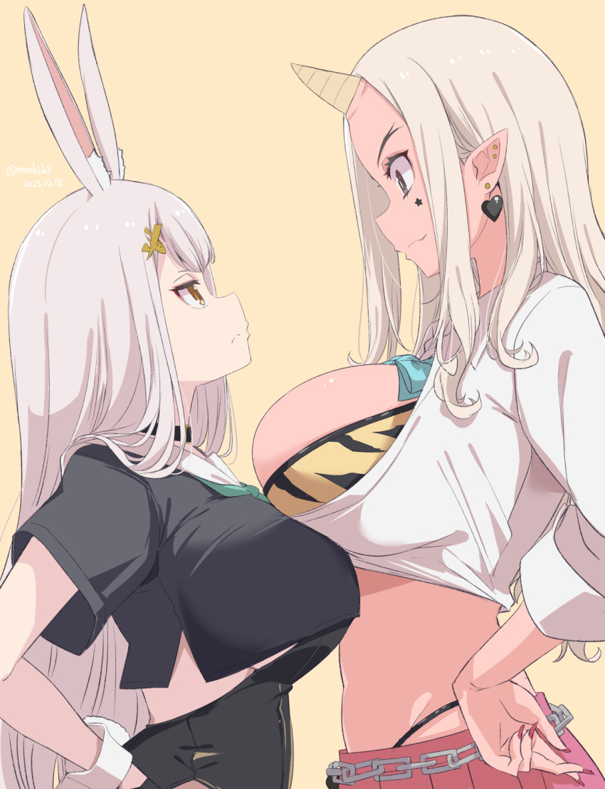 2girls animal_ears black_shirt breast_contest breasts cleavage closed_mouth colored_skin commentary_request copyright_request dated earrings eye_contact facial_tattoo fake_animal_ears fingernails grey_eyes heart heart_earrings height_difference highres horns jewelry kichihachi large_breasts long_hair looking_at_another multiple_girls nail_polish orange_background profile rabbit_ears red_eyes red_nails red_skin red_skirt shirt simple_background single_horn skirt smile star_tattoo tattoo twitter_username white_hair white_shirt