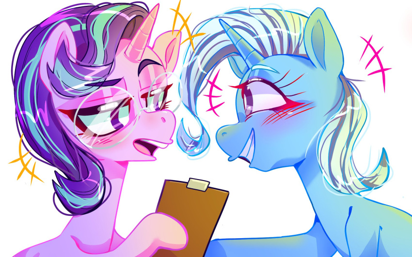 16:10 2023 blue_body blush blush_lines clipboard digital_drawing_(artwork) digital_media_(artwork) duo equid equine eye_contact eyebrows eyewear female feral friendship_is_magic glasses grin hair hasbro hi_res horn jully-park looking_at_another mammal multicolored_hair my_little_pony open_mouth pink_body pupils purple_hair raised_eyebrow simple_background smile solo starlight_glimmer_(mlp) trixie_(mlp) two_tone_hair unicorn white_background white_hair white_pupils widescreen