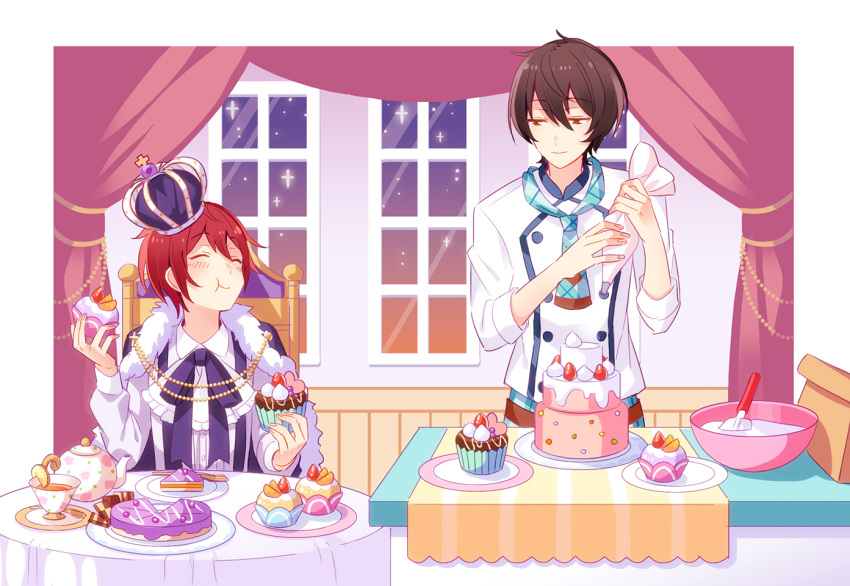 2boys ^_^ ascot bangs black_cape black_hair black_ribbon blush bowl buttons cake cake_slice cape chair checkerboard_cookie closed_eyes closed_mouth collared_shirt commentary_request cookie crown cup cupcake curtains double-breasted ensemble_stars! food fork fur-trimmed_cape fur_trim hair_between_eyes hands_up holding holding_food icing jacket kina_(446964) long_sleeves looking_at_another looking_to_the_side male_focus mixing_bowl multiple_boys neck_ribbon night pastry_bag plate red_eyes red_hair ribbon sakuma_ritsu saucer shirt short_hair sidelocks sitting smile standing star_(sky) suou_tsukasa table tablecloth tea teacup teapot tray upper_body white_ascot white_jacket white_shirt window wing_collar