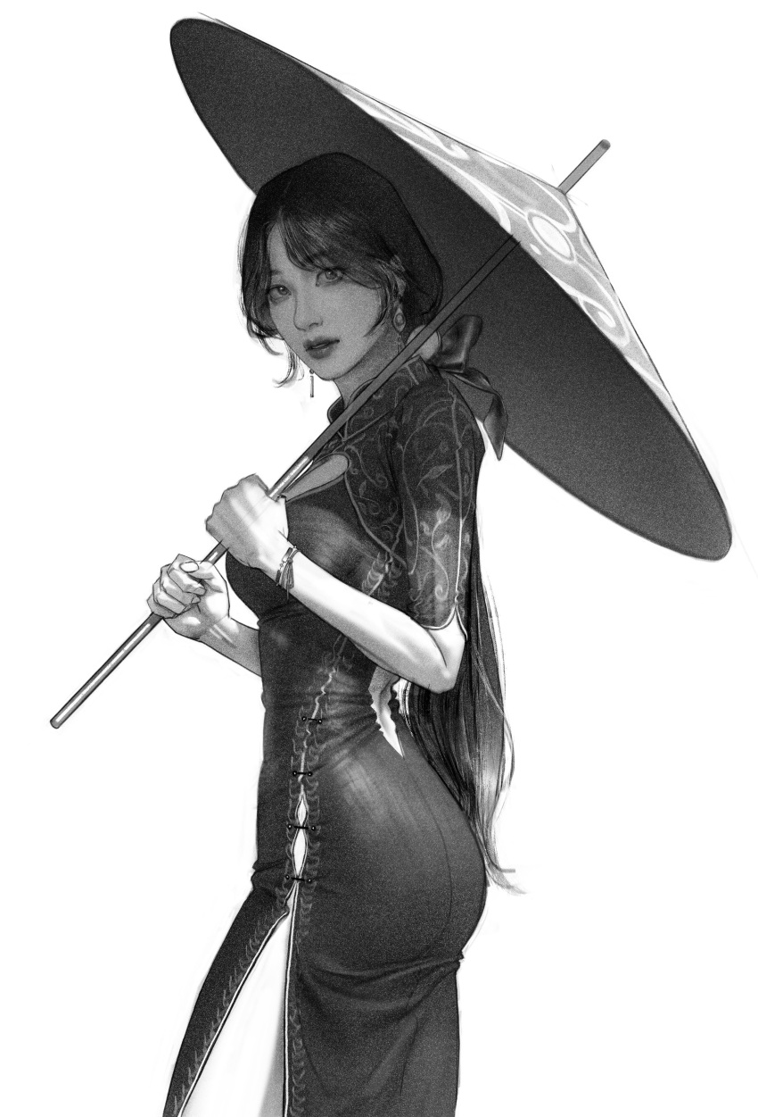 1girl absurdres b66wt back_cutout bangs bow bracelet chinese_clothes cleavage_cutout clothing_cutout dress earrings from_side greyscale hair_bow highres holding holding_umbrella jewelry lips long_hair looking_at_viewer low_ponytail monochrome oil-paper_umbrella original parted_bangs parted_lips realistic side_slit solo umbrella