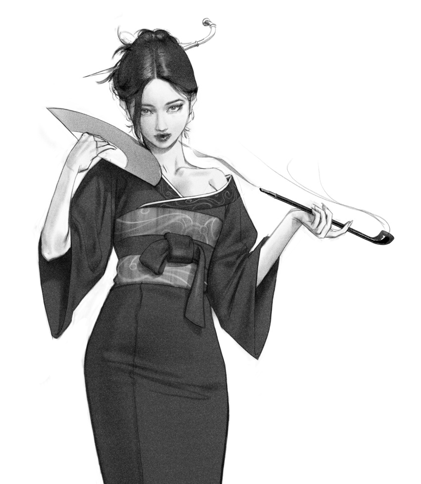 1girl absurdres b66wt chinese_clothes clothing_request greyscale hair_ornament hand_fan head_tilt highres holding holding_fan holding_smoking_pipe looking_at_viewer monochrome original puckered_lips realistic single_bare_shoulder smoking smoking_pipe solo updo