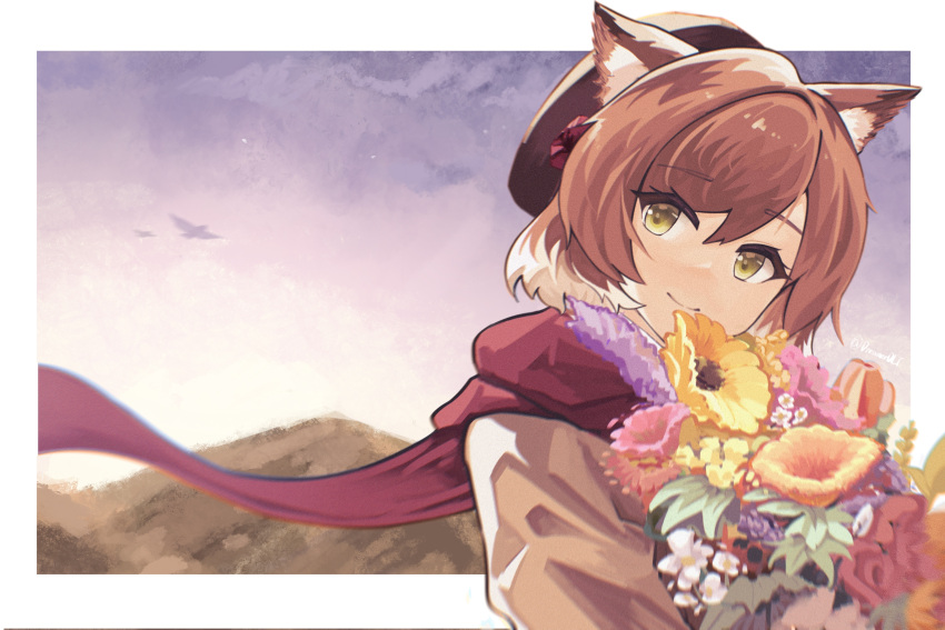 1girl absurdres animal_ear_fluff animal_ears arknights black_headwear border bouquet brown_hair cat_ears closed_mouth day dreamerdlt flower green_eyes highres holding holding_bouquet looking_at_viewer mountainous_horizon mousse_(arknights) mousse_(campfire_cooking_smoke)_(arknights) multicolored_hair official_alternate_costume orange_flower outdoors outside_border purple_flower red_flower red_scarf scarf short_hair smile solo twitter_username two-tone_hair upper_body white_border white_hair yellow_flower