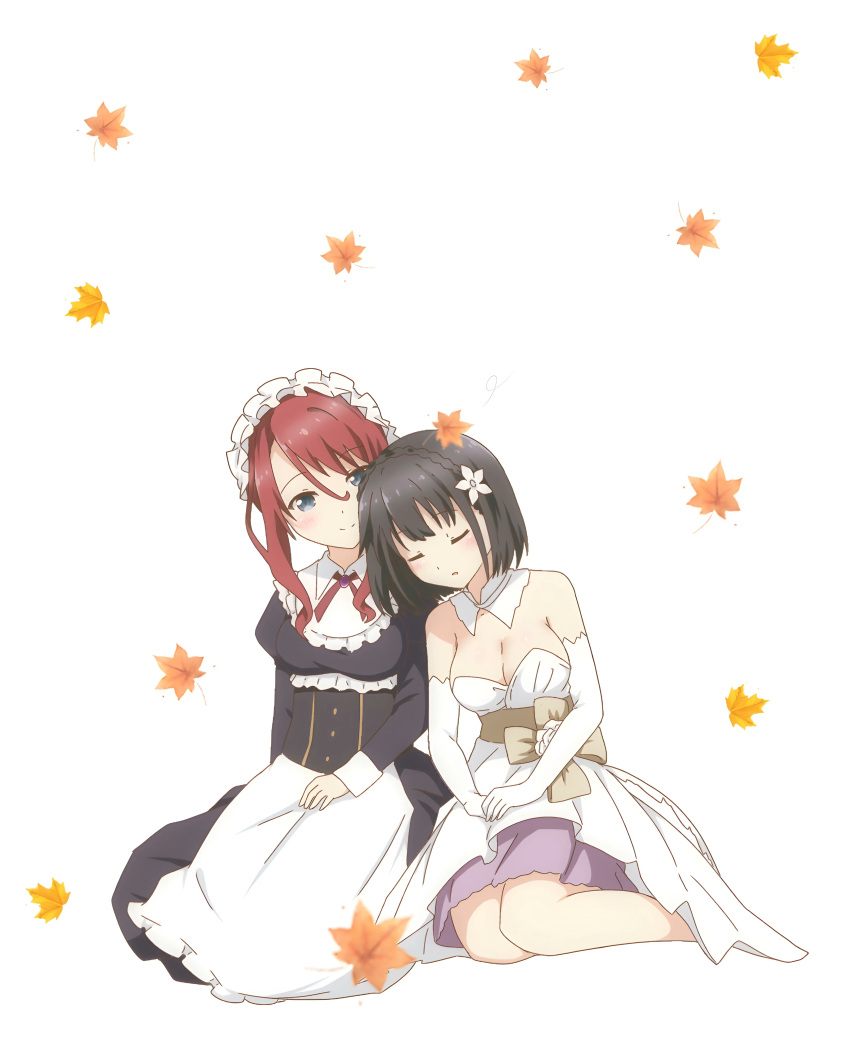 2girls absurdres apron autumn_leaves bare_shoulders black_hair blue_eyes blush breasts brown_hair cleavage closed_eyes commentary_request detached_collar dress elbow_gloves flower gabrieltenma77 gloves hair_flower hair_ornament hands_on_lap head_on_another's_shoulder highres ilia_coral lainie_cyan large_breasts leaf leaf_background long_hair maid maid_apron maid_headdress medium_hair multiple_girls red_hair short_hair sitting smile tensei_oujo_to_tensai_reijou_no_mahou_kakumei white_background white_gloves