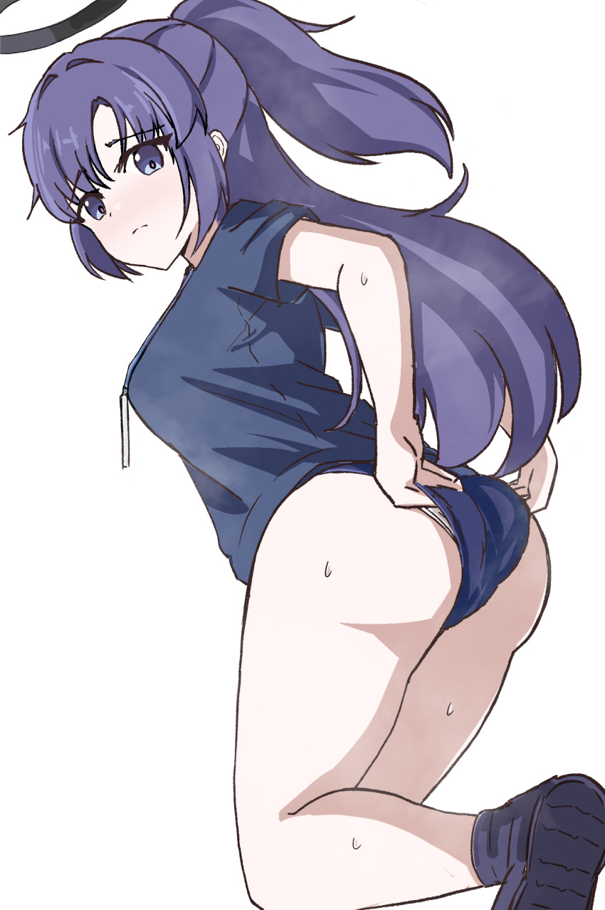 1girl adjusting_buruma adjusting_clothes adjusting_swimsuit ass bamiyanpixel blue_archive blue_hair blue_shirt buruma closed_mouth clothes_pull frown gym_uniform halo highres long_hair name_tag panties shirt shoes short_sleeves simple_background solo sweat swimsuit underwear wedgie white_background white_panties yuuka_(blue_archive) yuuka_(gym_uniform)_(blue_archive)