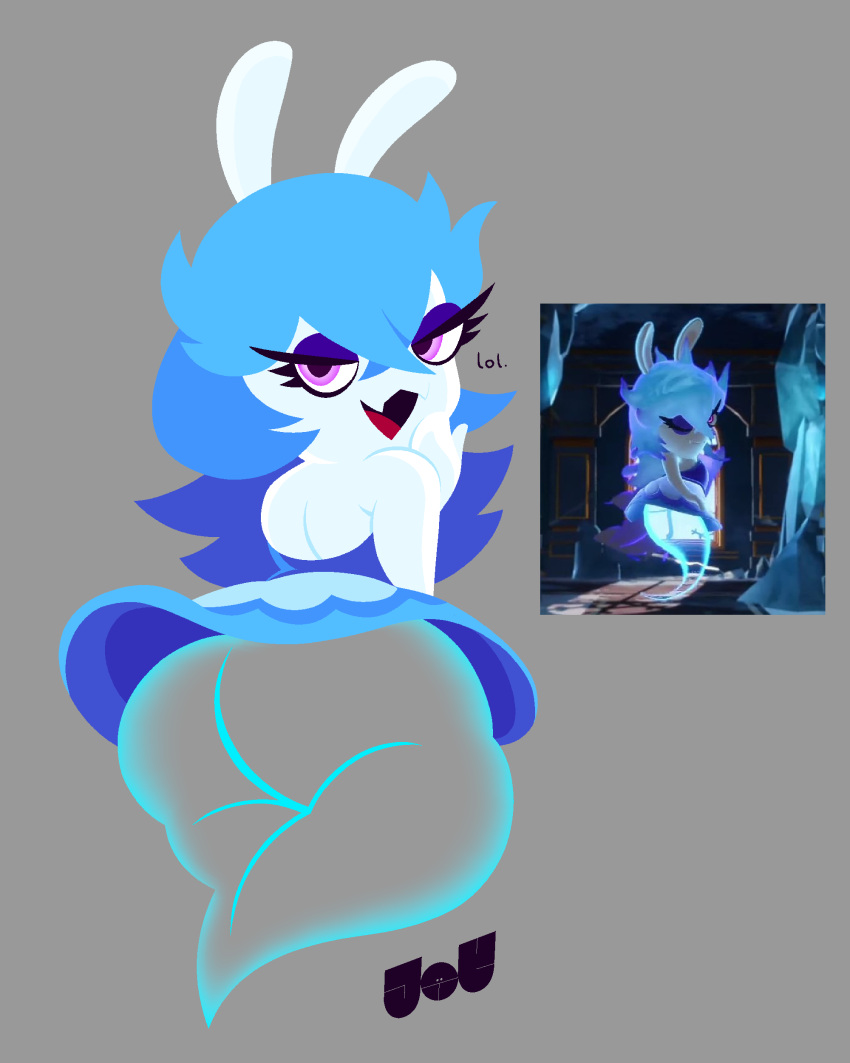 absurd_res anthro big_butt blue_clothing blue_dress blue_hair butt clothing dress eyelashes eyeshadow female fur ghost ghost_tail grey_background hair hi_res jjoyplus lagomorph leporid looking_at_viewer looking_back looking_back_at_viewer makeup mammal mario_plus_rabbids_sparks_of_hope midnite_(mario_plus_rabbids) open_mouth purple_eyes purple_eyeshadow rabbid rabbit raving_rabbids rayman_(series) rear_view simple_background solo spirit thick_thighs translucent translucent_body ubisoft white_body white_fur wide_hips