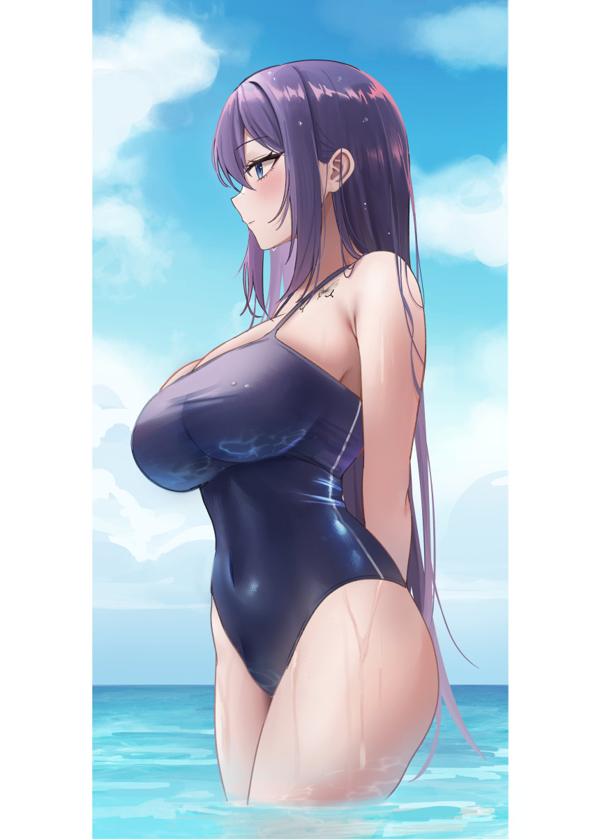 1girl absurdres arms_behind_back bangs bare_shoulders biya_(1024) blue_eyes blue_one-piece_swimsuit blush breasts butterfly_tattoo chest_tattoo closed_mouth commentary covered_navel from_side highres large_breasts long_hair one-piece_swimsuit original outdoors partially_submerged purple_hair sidelocks solo swimsuit tattoo thighs wet yuna_(biya_(1024))