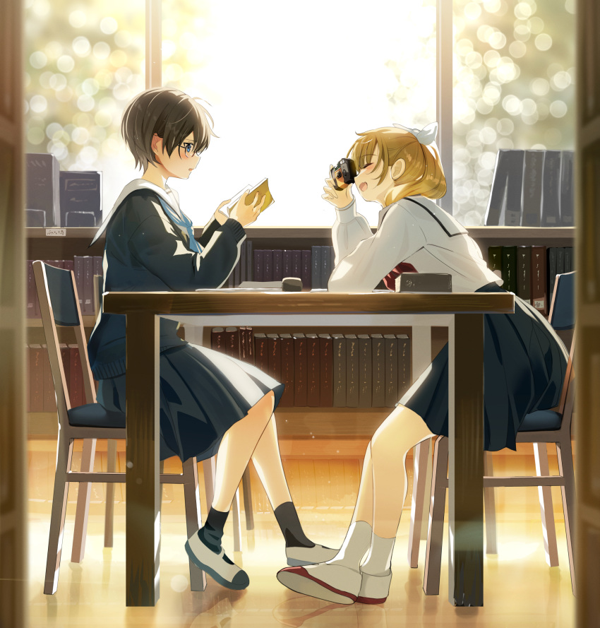 2girls :d ahoge ankle_socks bangs black_serafuku black_skirt blonde_hair blue_eyes blue_neckerchief blush book bookshelf bow brown_hair camera chair crop_top d: fang from_side glasses highres holding holding_book holding_camera indoors leaning_forward library light_blush long_sleeves mary_janes medium_hair multiple_girls neckerchief one_eye_closed open_mouth original pleated_skirt ponytail school_uniform serafuku shirt shoes short_hair sitting skin_fang skirt smile socks table tasuku_(otomebotan) white_bow white_serafuku window wooden_floor