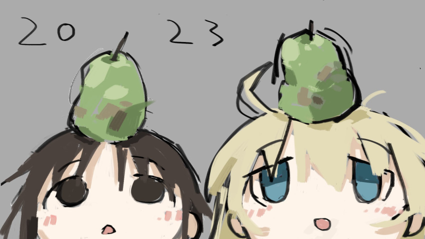 2023 2girls ahoge bangs black_hair blonde_hair blush chito_(shoujo_shuumatsu_ryokou) food food_on_head fruit fruit_on_head happy_new_year head_only highres multiple_girls new_year object_on_head pear shoujo_shuumatsu_ryokou tsukumizu_yuu yuuri_(shoujo_shuumatsu_ryokou)