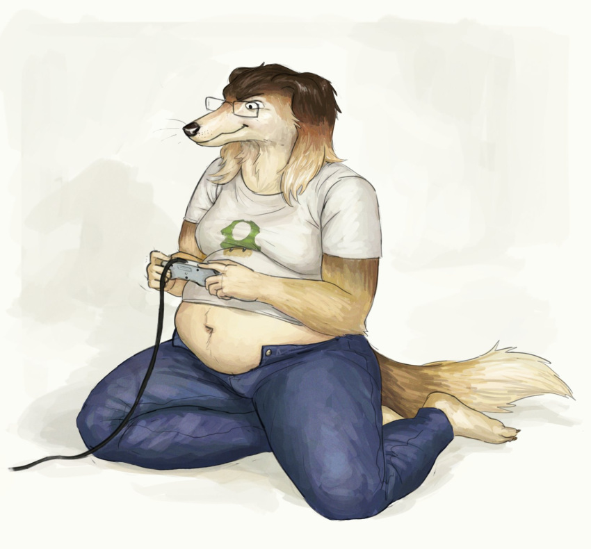 2020 anthro barefoot belly bottomwear canid canine canis cettus clothed clothing controller denim denim_clothing domestic_dog eyewear feet fur gaming glasses hi_res holding_controller holding_object hunting_dog jeans kneeling male mammal midriff open_bottomwear open_clothing open_pants overweight overweight_anthro overweight_male pants saluki shirt sighthound simple_background sitting solo tan_body tan_fur topwear white_background