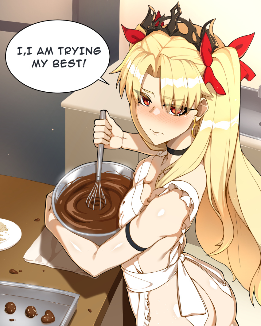 1girl absurdres apron armband ass back black_choker blonde_hair blush bowl breasts chocolate choker cleavage crown earrings english_text ereshkigal_(fate) fate/grand_order fate_(series) highres holding holding_bowl holding_whisk hyperbudd jewelry long_hair looking_at_viewer looking_to_the_side naked_apron red_eyes solo tearing_up two_side_up whisk