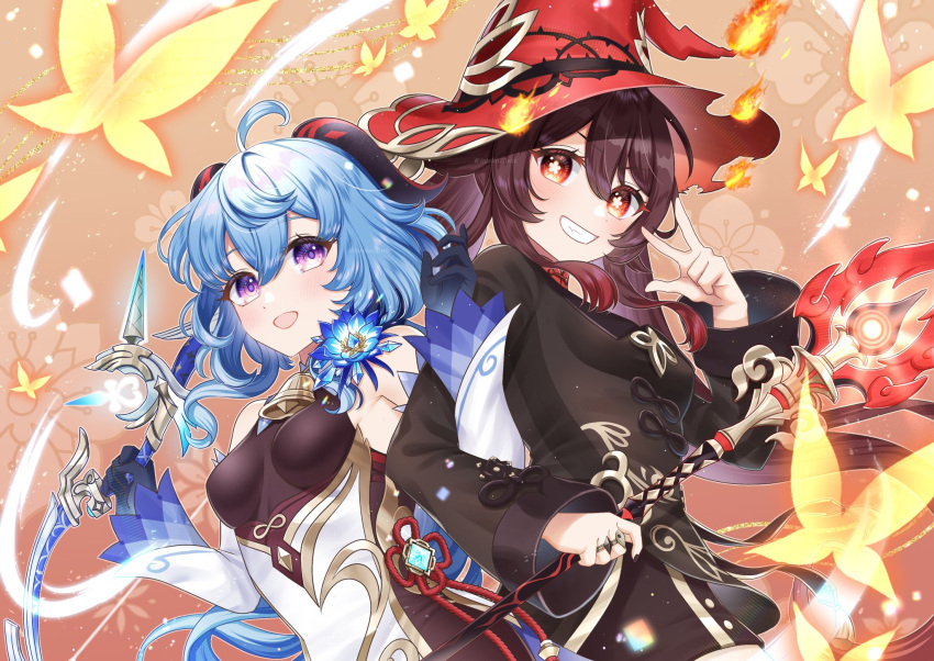 2girls ahoge amos'_bow_(genshin_impact) artifact_(genshin_impact) bangs bare_shoulders bell black_gloves black_nails black_pantyhose blue_flower blue_hair blush bow_(weapon) breasts brown_coat brown_hair bug butterfly chinese_knot coat coattails collared_coat detached_sleeves flower flower-shaped_pupils flower_knot ganyu_(genshin_impact) genshin_impact gloves gold_trim highres holding holding_bow_(weapon) holding_weapon horns hu_tao_(genshin_impact) jewelry long_hair looking_at_viewer medium_breasts multiple_girls multiple_rings neck_bell open_mouth pantyhose plum_blossoms purple_eyes red_eyes red_headwear ring short_shorts shorts sidelocks small_breasts smile staff_of_homa_(genshin_impact) symbol-shaped_pupils tateko25wiz twintails upper_body vision_(genshin_impact) weapon white_sleeves