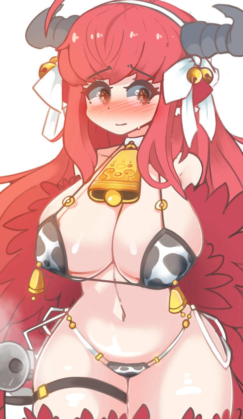 1girl absurdres ahoge animal_ears animal_print bangs bell bikini bird_ears blush bow breast_pump breasts coco_(eogks) commentary covered_nipples cow_print fake_horns feathers hair_bell hair_bow hair_ornament harpy highres horns large_breasts long_hair milking_machine monster_girl navel neck_bell nipple_bells nn_(eogks) o-ring o-ring_bikini original red_feathers red_hair red_wings side-tie_bikini_bottom solo swimsuit thigh_strap very_long_hair white_background white_bow winged_arms wings