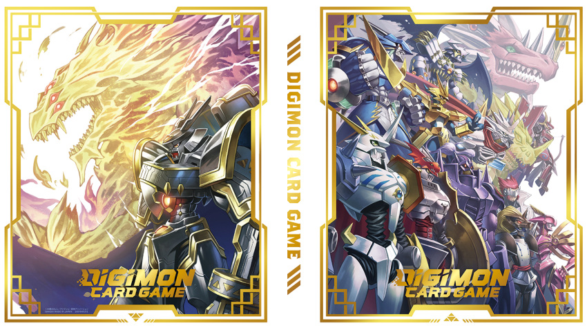 alphamon armor arrow_(projectile) belt blonde_hair cape copyright_name craniummon digimon digimon_(creature) digimon_card_game duftmon dukemon dynasmon examon flying gankoomon green_eyes holding holding_arrow holding_shield horns lordknightmon magnamon mecha multiple_belts official_art omegamon orange_eyes red_eyes red_hair robot sasasi shield shoulder_armor sleipmon spikes standing ulforcevdramon wings yellow_eyes