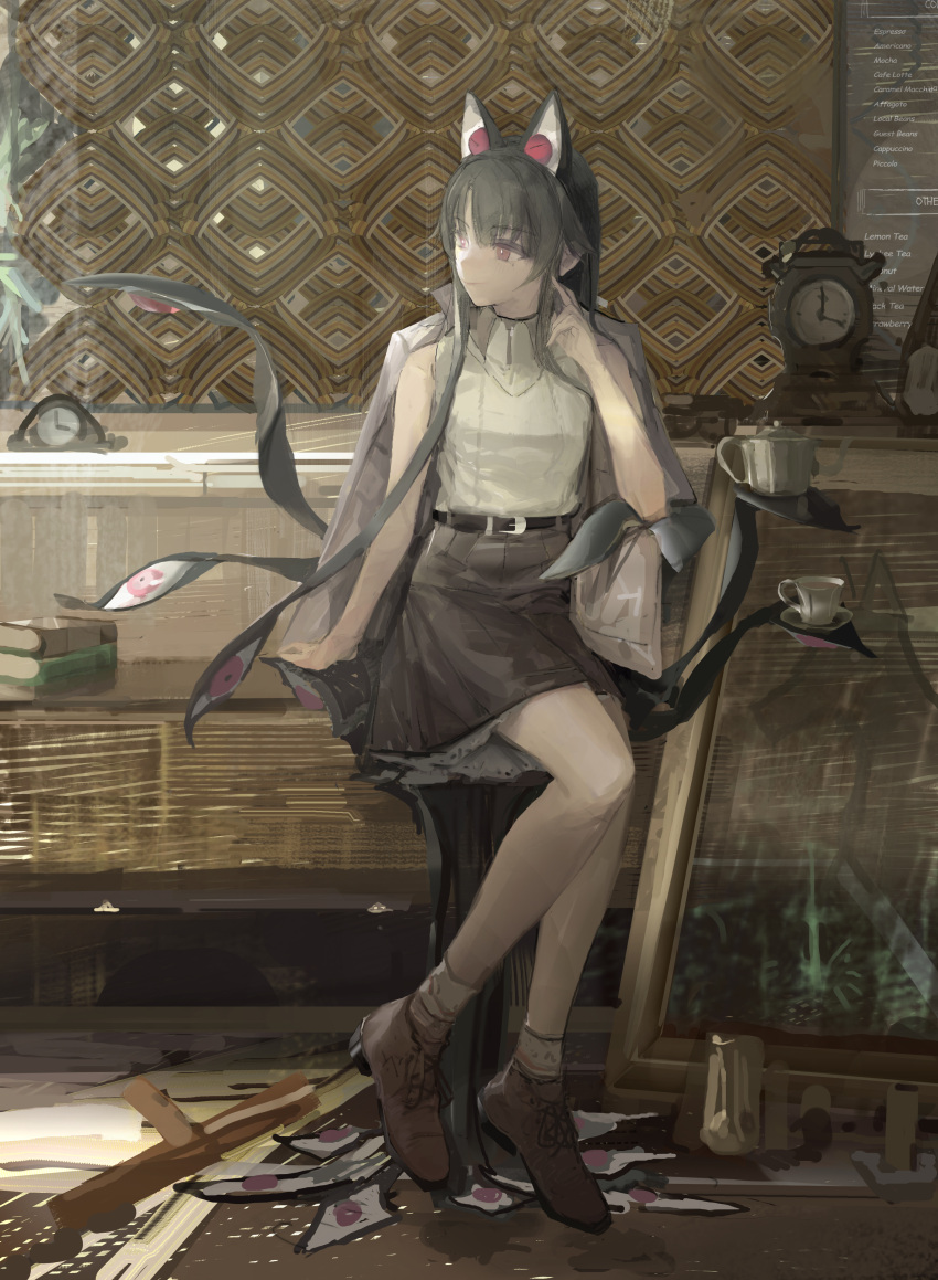 1girl absurdres analog_clock animal_ears bangs belt black_belt blunt_bangs book book_stack breasts brown_footwear cat_ears chalkboard clock closed_mouth coffee_table cup dress finger_to_cheek grey_hair grey_skirt highres indoors long_hair looking_to_the_side multiple_tails original paindude platform_footwear profile red_eyes saucer sidelocks sitting skirt sleeveless sleeveless_dress small_breasts table tail teacup teapot white_dress