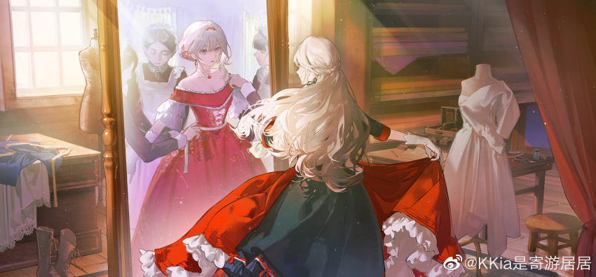 4girls absurdres blonde_hair dress frilled_dress frilled_sleeves frills full-length_mirror highres kkia long_hair looking_at_mirror mirror mirror_image multiple_girls original red_dress reflection