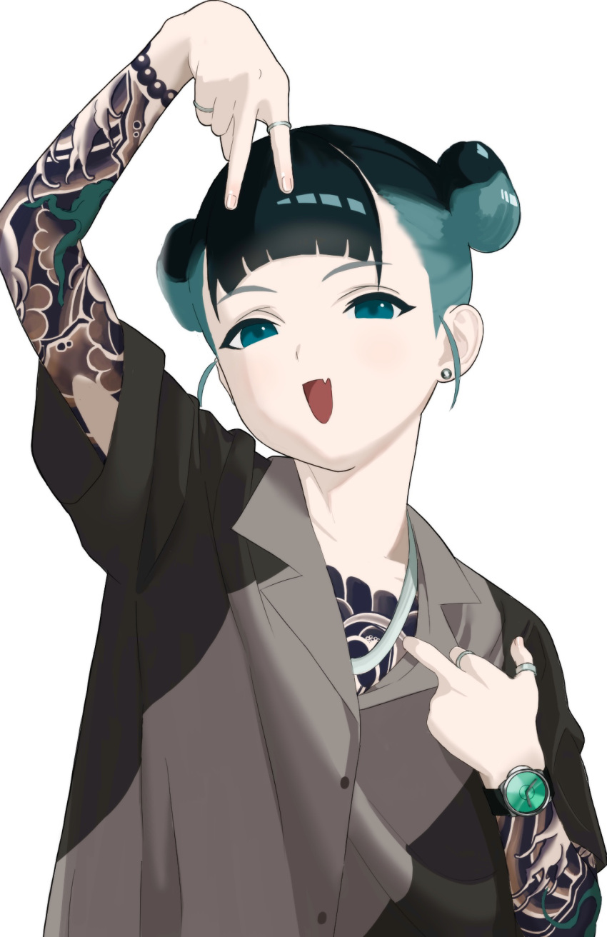 1girl aqua_eyes aqua_hair arm_tattoo arm_up bangs black_shirt blunt_bangs buttons chest_tattoo collared_shirt double_bun earrings fang fingernails full-body_tattoo grey_shirt hair_bun highres hiroto_(x0adg) inward_v irezumi jewelry looking_at_viewer loose_clothes loose_shirt multicolored_hair multiple_rings necklace open_mouth original ring shirt short_hair short_sleeves simple_background skin_fang solo tattoo two-tone_hair two-tone_shirt upper_body watch white_background wristwatch