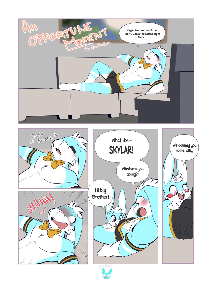 absurd_res anthro blush bow_tie bulge chibi clothed clothing comic cute_expression duo epicbunbun furniture hi_res incest_(lore) lagomorph leporid male male/male mammal orientation_play partially_clothed rabbit simple_background size_difference sleeping sniffing sofa straight_to_gay stripper surprised_expression