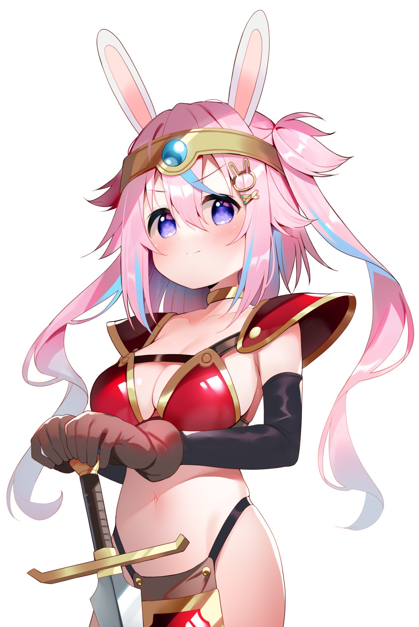 &gt;:) 1girl absurdres animal_ears armor bangs bikini_armor black_sleeves blue_hair blush breasts brown_gloves circlet cleavage closed_mouth collarbone commentary_request gloves hair_between_eyes hair_ornament hairclip hands_on_hilt highleg highres indie_virtual_youtuber long_hair long_sleeves looking_at_viewer medium_breasts meito_(maze) mitsuki_shio multicolored_hair navel pauldrons pink_hair purple_eyes rabbit_ears rabbit_hair_ornament shoulder_armor sidelocks simple_background skindentation smile solo streaked_hair sword twintails v-shaped_eyebrows very_long_hair virtual_youtuber weapon white_background x_hair_ornament