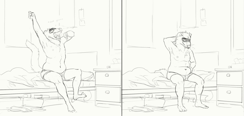 2020 anthro bed bedroom belly briefs briefs_only cettus cettus_chaput clothed clothing comic domestic_ferret drawer furniture hand_behind_head hi_res holding_stomach inside looking_down male mammal mustelid musteline on_bed open_mouth sitting sitting_on_bed sketch slightly_chubby slightly_chubby_anthro slightly_chubby_male solo stretching tissue topless true_musteline underwear underwear_only weasel yawn