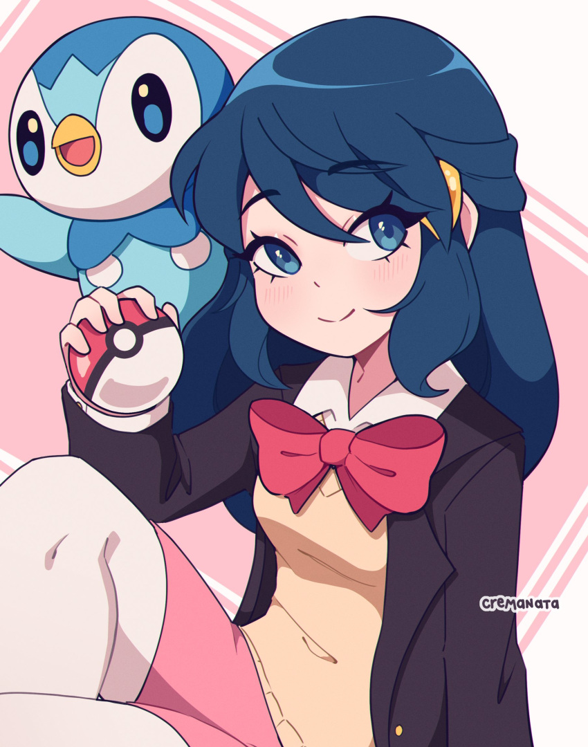 1girl black_jacket blue_eyes blue_hair bow bowtie cremanata dawn_(pokemon) highres holding holding_poke_ball jacket long_hair looking_at_viewer pink_bow pink_bowtie piplup poke_ball pokemon pokemon_(creature) pokemon_(game) pokemon_dppt