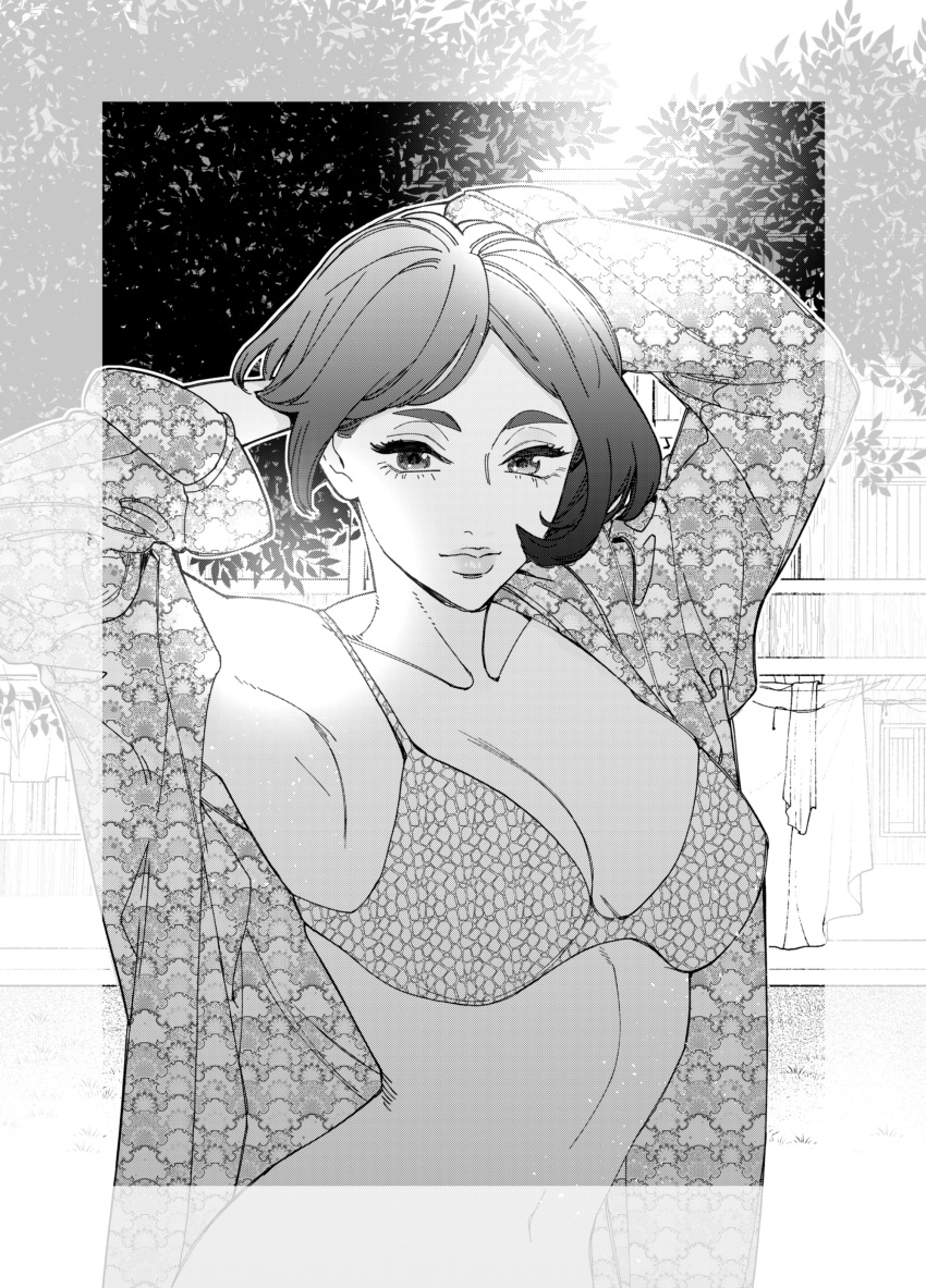 1girl absurdres arms_up border bra breasts character_request cleavage collarbone greyscale half-closed_eyes highres lala_no_kekkon large_breasts lips looking_ahead midriff monochrome open_clothes open_shirt patterned_clothing screentones short_hair solo tmku transparent_border tree underwear upper_body