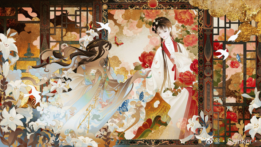 2girls absurdres architecture black_hair chinese_clothes east_asian_architecture flower from_side hanfu highres lily_(flower) long_hair multiple_girls original peony_(flower) profile sainker white_flower