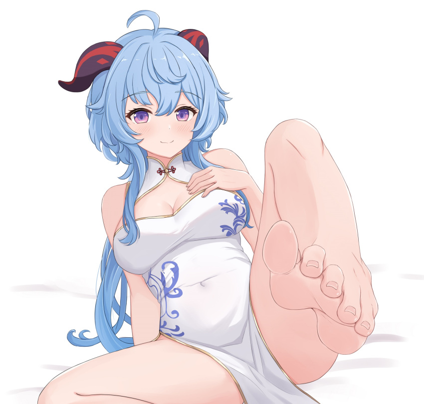 1girl ahoge bare_legs bare_shoulders barefoot blue_hair blush breasts china_dress chinese_clothes cleavage_cutout clothing_cutout covered_navel dress feet foot_focus foot_out_of_frame foot_up ganyu_(genshin_impact) genshin_impact gold_trim hair_between_eyes hand_on_own_chest highres horns large_breasts legs long_hair looking_at_viewer pelvic_curtain pinkiuzu purple_eyes sitting smile soles solo spread_toes thighs toenails toes white_background white_dress