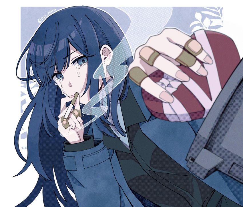 021_shiro 1girl absurdres bandaid bandaid_on_hand blue_eyes blue_hair blue_jacket box cigarette crying crying_with_eyes_open gift gift_box happy_valentine heart-shaped_box highres holding holding_box holding_cigarette holding_gift incoming_gift jacket long_hair long_sleeves looking_at_viewer open_clothes open_jacket original smoking solo streaming_tears tears upper_body valentine