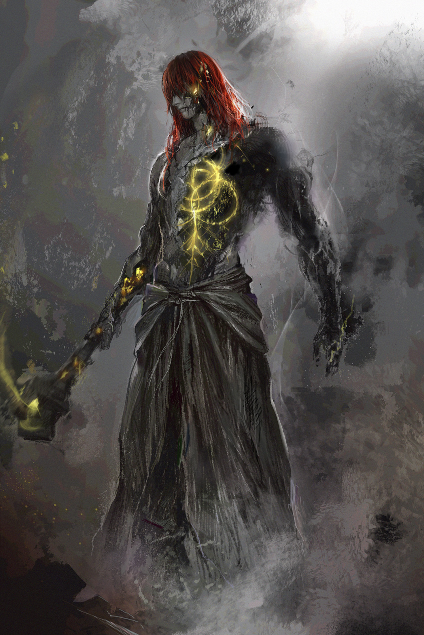1boy broken cracked_skin decay elden_ring elden_ring_(object) fantasy gold_aura hammer highres holding holding_hammer holding_weapon junjiuk long_hair looking_to_the_side no_armor radagon_of_the_golden_order red_hair solo topless_male weapon
