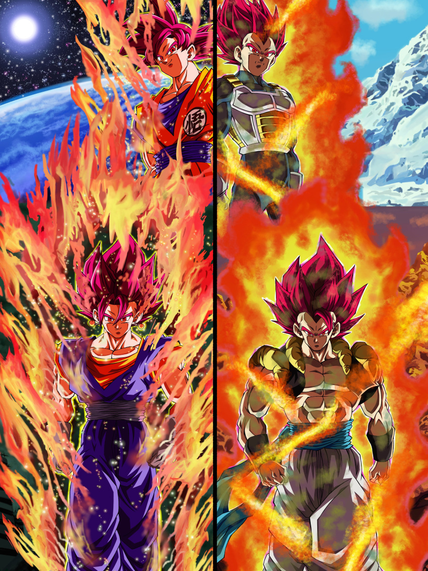 4boys abs absurdres armor aura blue_sky commentary_request dougi dragon_ball dragon_ball_heroes dragon_ball_super dragon_ball_super_broly earrings earth_(planet) fire frown furrowed_brow gloves gogeta highres hiro_(udkod1ezlyi2flo) jewelry male_focus metamoran_vest mountain multiple_boys muscular muscular_male planet potara_earrings red_eyes red_hair sky smile son_goku space split_screen sun super_saiyan super_saiyan_god vegeta vegetto white_gloves