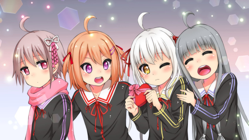 4girls ahoge bangs basashi_tarou black_dress black_hair blue_eyes blue_trim blunt_bangs closed_eyes closed_mouth dress gift gokotai_yoshimitsu gotou_toushirou_(tenka_hyakken) grey_hair hair_ornament hairclip heart highres holding holding_gift long_hair medium_hair midare_toushirou_(tenka_hyakken) multicolored_hair multiple_girls namazuo_toushirou_(tenka_hyakken) open_mouth orange_hair parted_lips purple_eyes purple_hair purple_trim red_ribbon red_trim ribbon sailor_collar scarf short_hair smile tenka_hyakken two-tone_hair v-shaped_eyebrows very_long_hair white_hair yellow_eyes yellow_trim