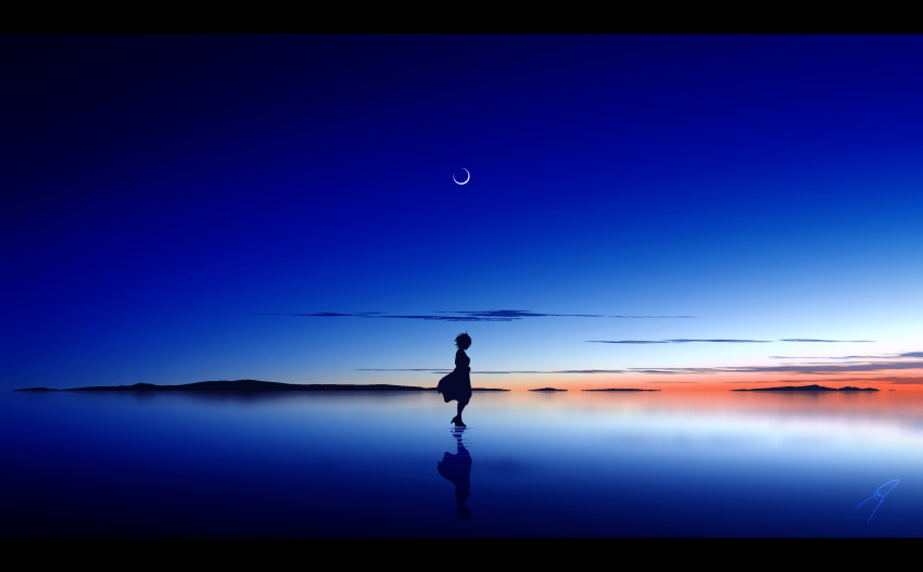 1girl absurdres blue_sky cloud commentary_request crescent_moon dress fantasy high_heels highres moon morning mountain nengoro original outdoors reflection ripples scenery short_hair signature silhouette sky solo standing standing_on_liquid sunrise