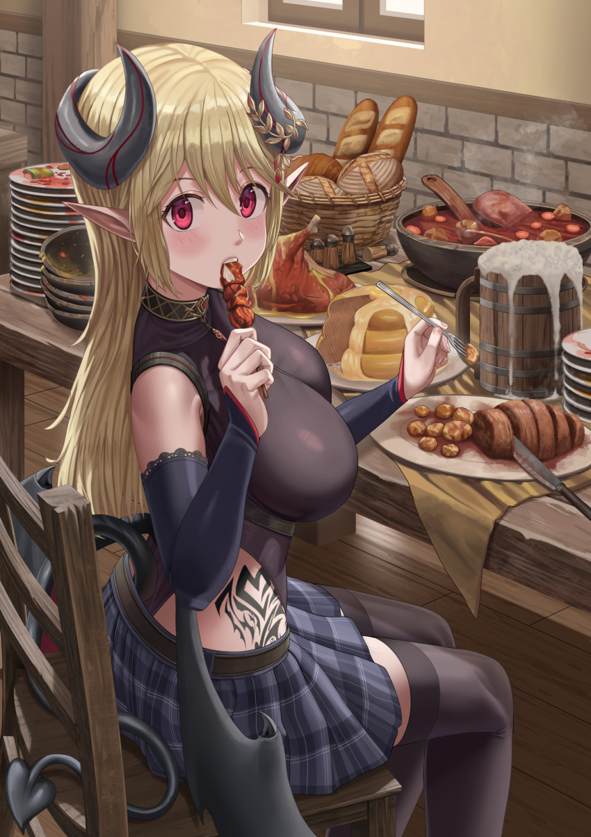 1girl bangs bare_shoulders black_leotard black_sleeves black_thighhighs blonde_hair blue_skirt blush bread breasts chair demon_girl demon_horns demon_tail demon_wings detached_sleeves eating food fork highres holding holding_fork horns knife large_breasts leotard long_hair long_sleeves looking_at_viewer meat original pointy_ears red_eyes silvertsuki sitting skirt tail thighhighs thighs wings wooden_chair