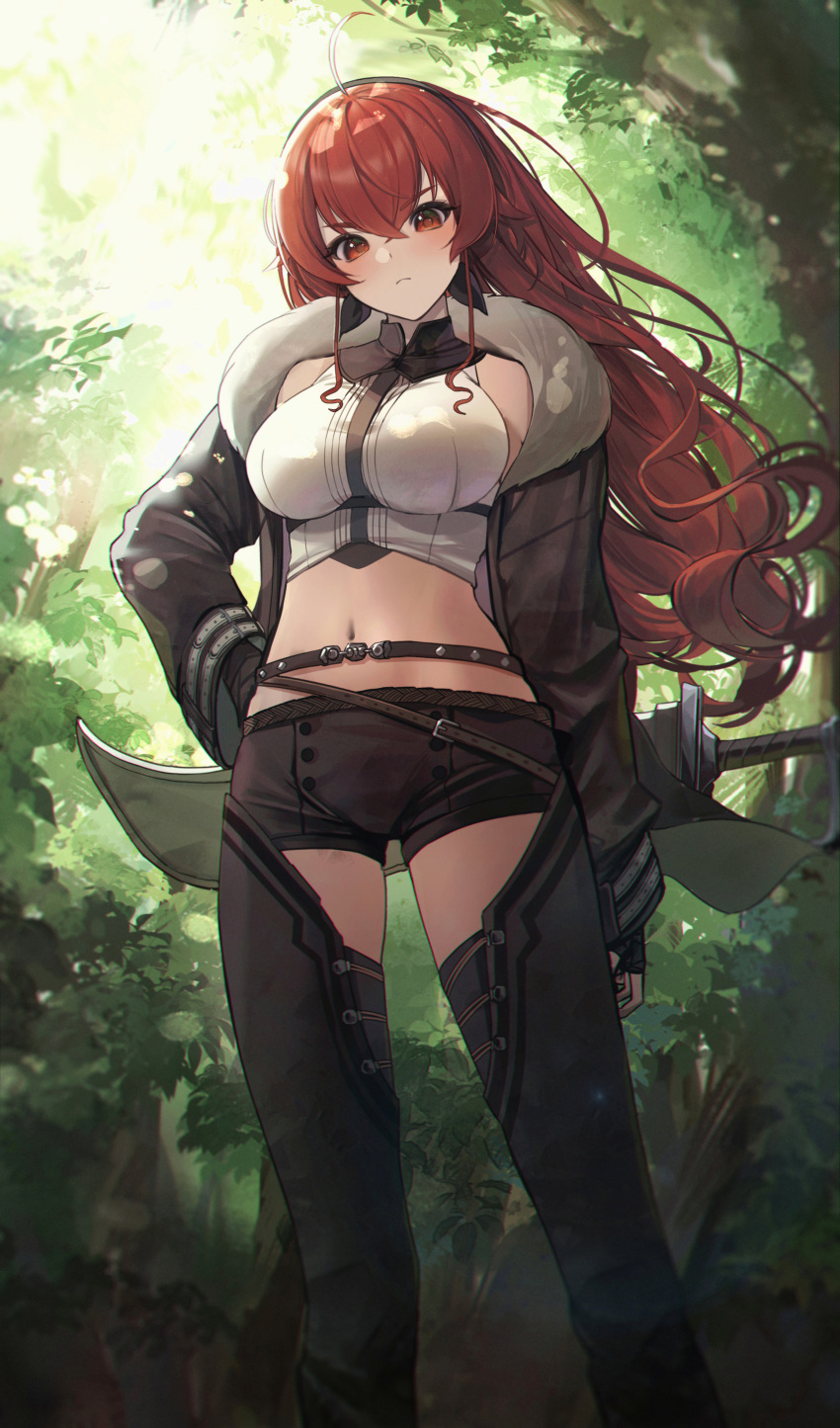 1girl absurdres ahoge arm_at_side bangs black_hairband black_jacket black_shorts breasts chaps commentary crop_top day eris_greyrat frown fur_collar hair_between_eyes hairband hand_on_hip highres jacket large_breasts light_blush long_hair long_sleeves looking_at_viewer lunia midriff mushoku_tensei nature navel open_clothes open_jacket outdoors red_eyes red_hair revision sheath sheathed shirt short_shorts shorts sleeveless sleeveless_shirt solo sword tree very_long_hair weapon