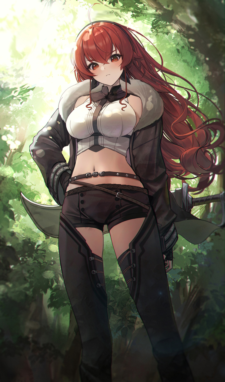 1girl absurdres ahoge arm_at_side bangs black_hairband black_jacket black_shorts breasts chaps commentary crop_top day eris_greyrat frown fur_collar hair_between_eyes hairband hand_on_hip highres jacket large_breasts light_blush long_hair long_sleeves looking_at_viewer lunia midriff mushoku_tensei nature navel open_clothes open_jacket outdoors red_eyes red_hair sheath sheathed shirt short_shorts shorts sleeveless sleeveless_shirt solo sword tree very_long_hair weapon