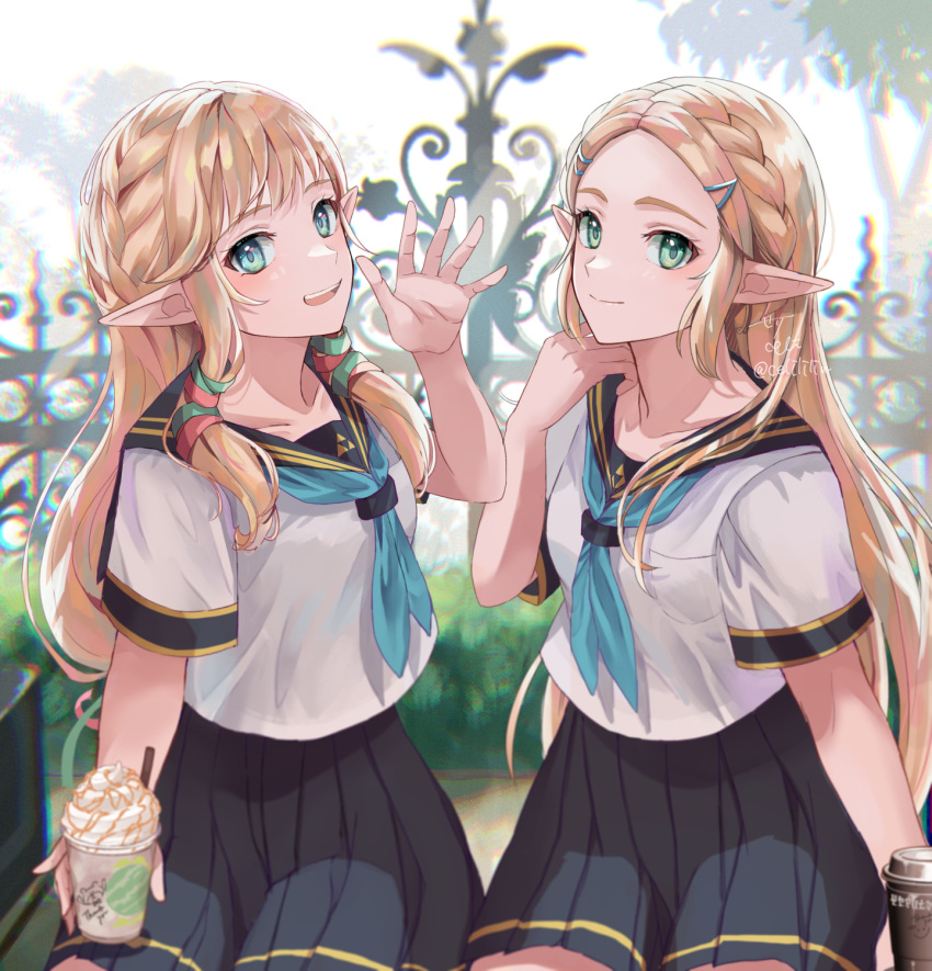 2girls arm_up bangs black_dress blonde_hair blue_eyes blue_scarf braid crown_braid dress drink grass green_eyes hair_ornament hairclip highres long_hair looking_at_viewer multiple_girls open_mouth pointy_ears princess_zelda scarf school_uniform seri_(yuukasakura) shirt short_sleeves sitting smile the_legend_of_zelda the_legend_of_zelda:_breath_of_the_wild the_legend_of_zelda:_skyward_sword white_shirt