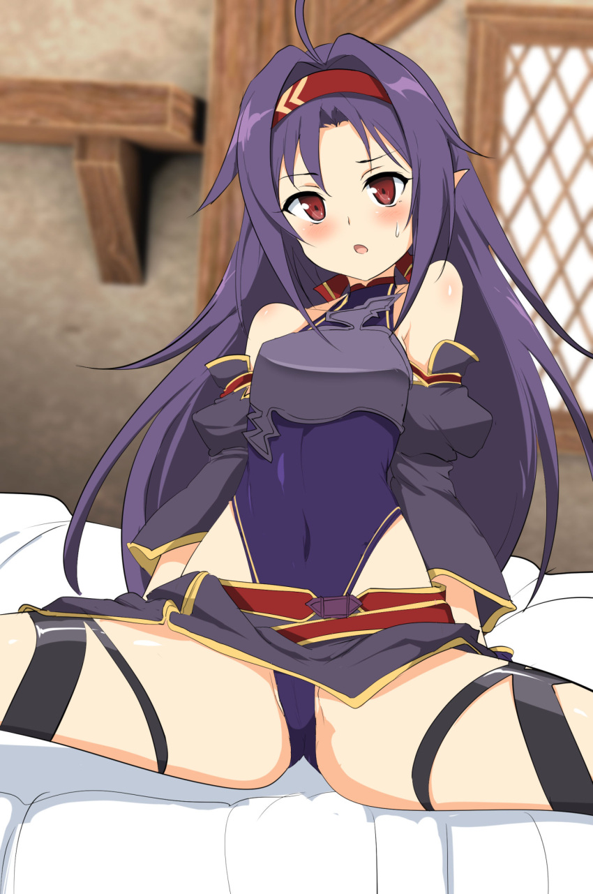 1girl ahoge armor bare_shoulders bed black_leotard breastplate commentary_request commission covered_navel detached_sleeves fingerless_gloves gloves hairband highres leotard long_hair looking_at_viewer momio pointy_ears purple_hair purple_skirt red_eyes red_hairband shelf skirt solo spread_legs sword_art_online window yuuki_(sao)