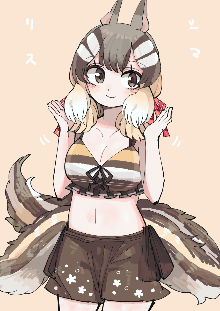 1girl absurdres animal_ears bikini brown_eyes brown_hair chipmunk_ears chipmunk_girl chipmunk_tail closed_mouth extra_ears highres kanmoku-san kemono_friends kemono_friends_3 looking_at_viewer navel ribbon sarong short_hair siberian_chipmunk_(kemono_friends) simple_background solo swimsuit tail