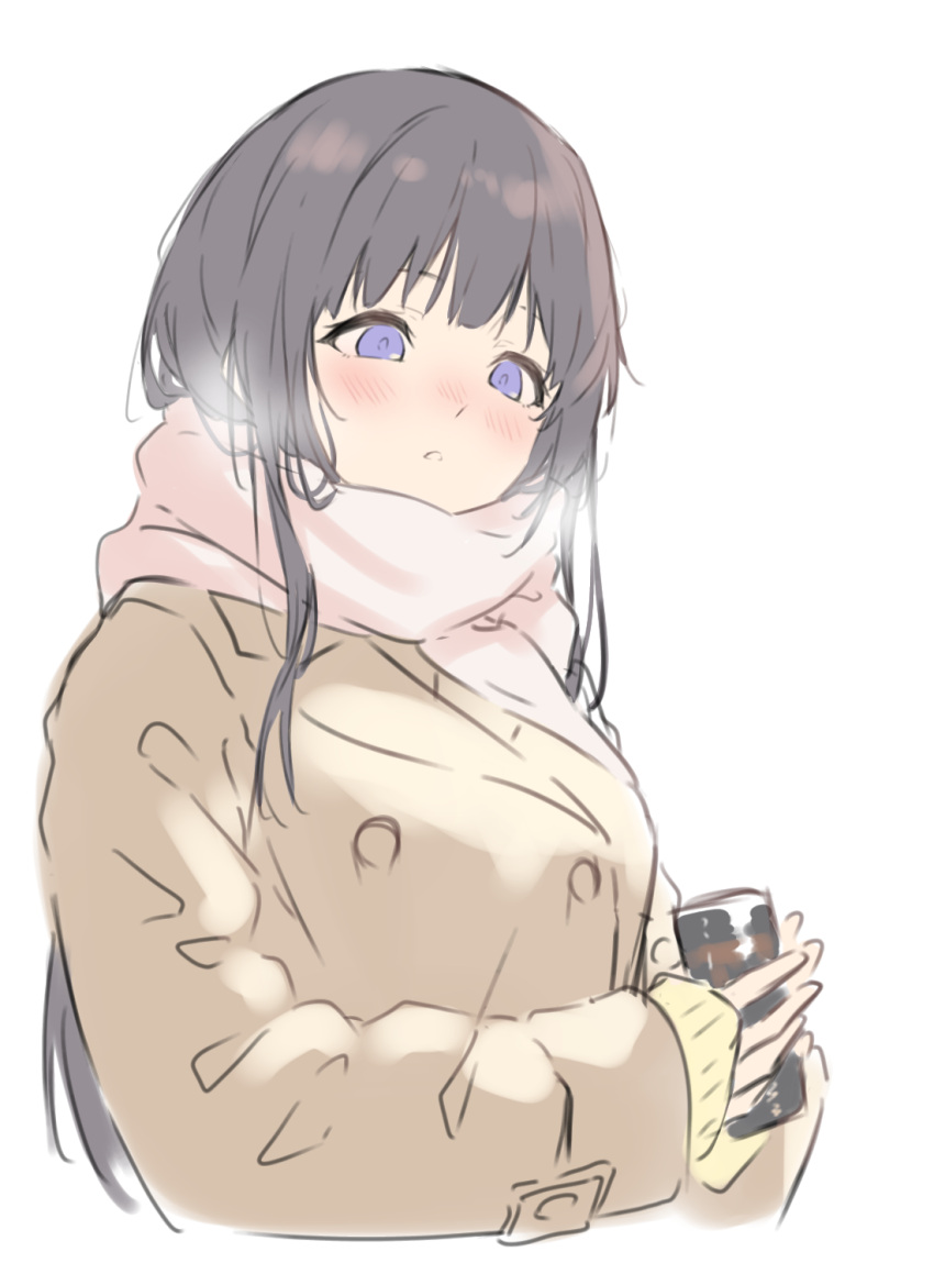 1girl bang_dream! black_hair blush breath can canned_coffee coat highres long_hair purple_eyes scarf shirokane_rinko sketch solo sou_(user_hgyh8775) upper_body white_background winter_clothes