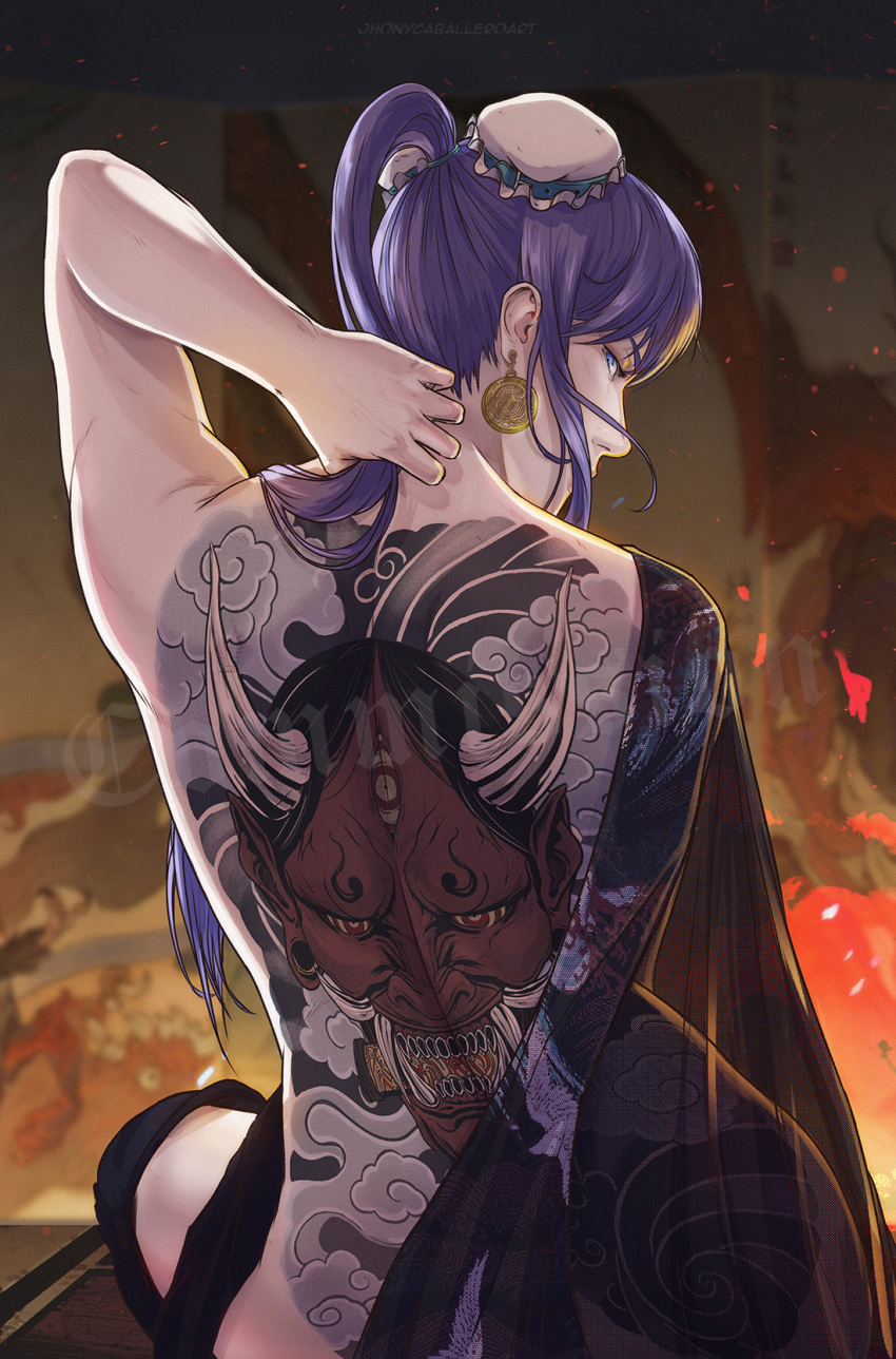 1girl ass back back_tattoo blush bun_cover commentary commission double_bun earrings english_commentary fire from_behind full-body_tattoo hair_bun hannya highres jewelry jhony_caballero long_hair looking_at_viewer looking_back nose off_shoulder oni original ponytail purple_hair see-through solo tattoo