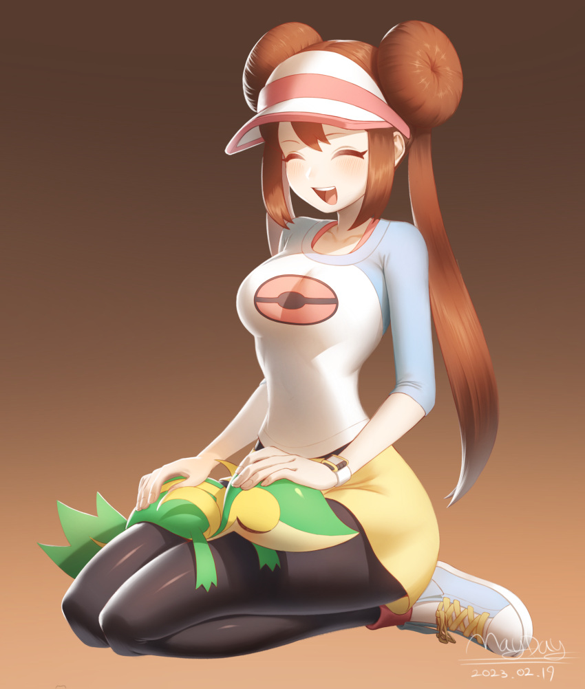 1girl :d absurdres bangs black_pantyhose breasts brown_hair closed_eyes commentary_request dated double_bun doughnut_hair_bun full_body hair_bun highres legwear_under_shorts maydaykiki on_lap open_mouth pantyhose pokemon pokemon_(creature) pokemon_(game) pokemon_bw2 pokemon_on_lap raglan_sleeves rosa_(pokemon) shoes short_shorts shorts signature sitting smile sneakers snivy teeth tongue twintails upper_teeth_only visor_cap