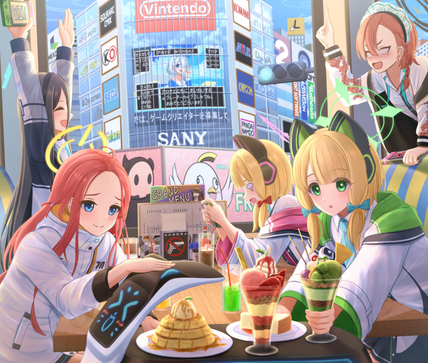 6+girls aris_(blue_archive) arona_(blue_archive) blue_archive brand_name_imitation building dessert drinking_straw food fruit fuuka_(blue_archive) glass halo handheld_game_console highres holding holding_handheld_game_console ice_cream itsuki_toiro jacket maid midori_(blue_archive) mole mole_under_eye momoi_(blue_archive) multiple_girls neru_(blue_archive) nintendo_switch pancake parfait peroro_(blue_archive) plate playing_games restaurant school_uniform siblings sign sisters strawberry sweets table traffic_light twins yuzu_(blue_archive)