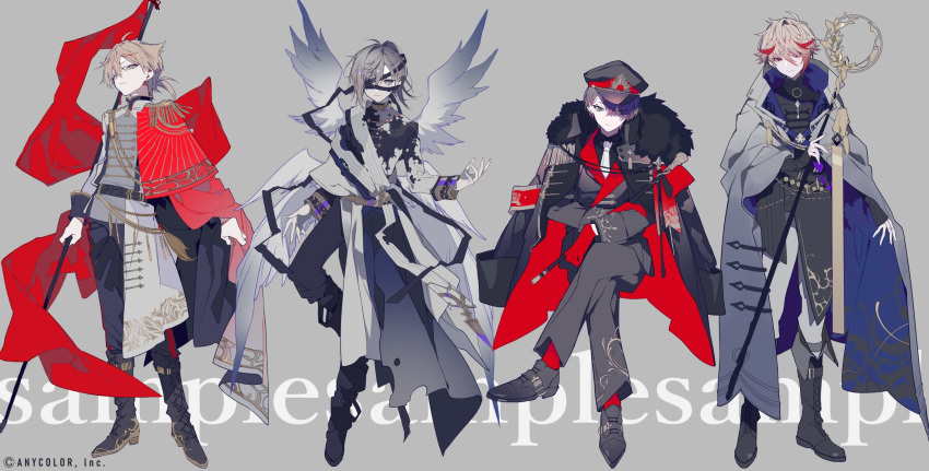 4boys aiguillette angel_wings belt black_belt black_coat black_footwear black_headwear black_jacket black_pants black_shirt black_tunic blonde_hair boots brown_eyes brown_hair cane cape coat coat_on_shoulders collared_shirt cross-laced_footwear crossed_legs earrings epaulettes expressionless flag full_body fur-trimmed_coat fur_trim fushimi_gaku gloves grey_background grey_cloak grey_eyes grey_jacket grey_pants grey_robe grey_shirt hand_on_own_arm hat highres holding holding_cane holding_flag holding_staff invisible_chair jacket jewelry kagami_hayato kanae_(nijisanji) lace-up_boots light_smile long_hair looking_at_viewer low_ponytail male_focus mochizuki_kei mole mole_under_eye multicolored_hair multicolored_shirt multiple_boys necktie nijisanji official_art pants peaked_cap red_cape red_eyes red_gloves red_hair red_socks robe sample_watermark seraph_dazzlegarden shirt shoes short_hair short_ponytail shoulder_cape simple_background sitting sleeve_cuffs sleeves_past_wrists socks staff standing streaked_hair stud_earrings sun_symbol the_chariot_(tarot) the_magician_(tarot) the_sun_(tarot) the_world_(tarot) tunic two-sided_fabric virtual_youtuber waist_cape white_necktie wings
