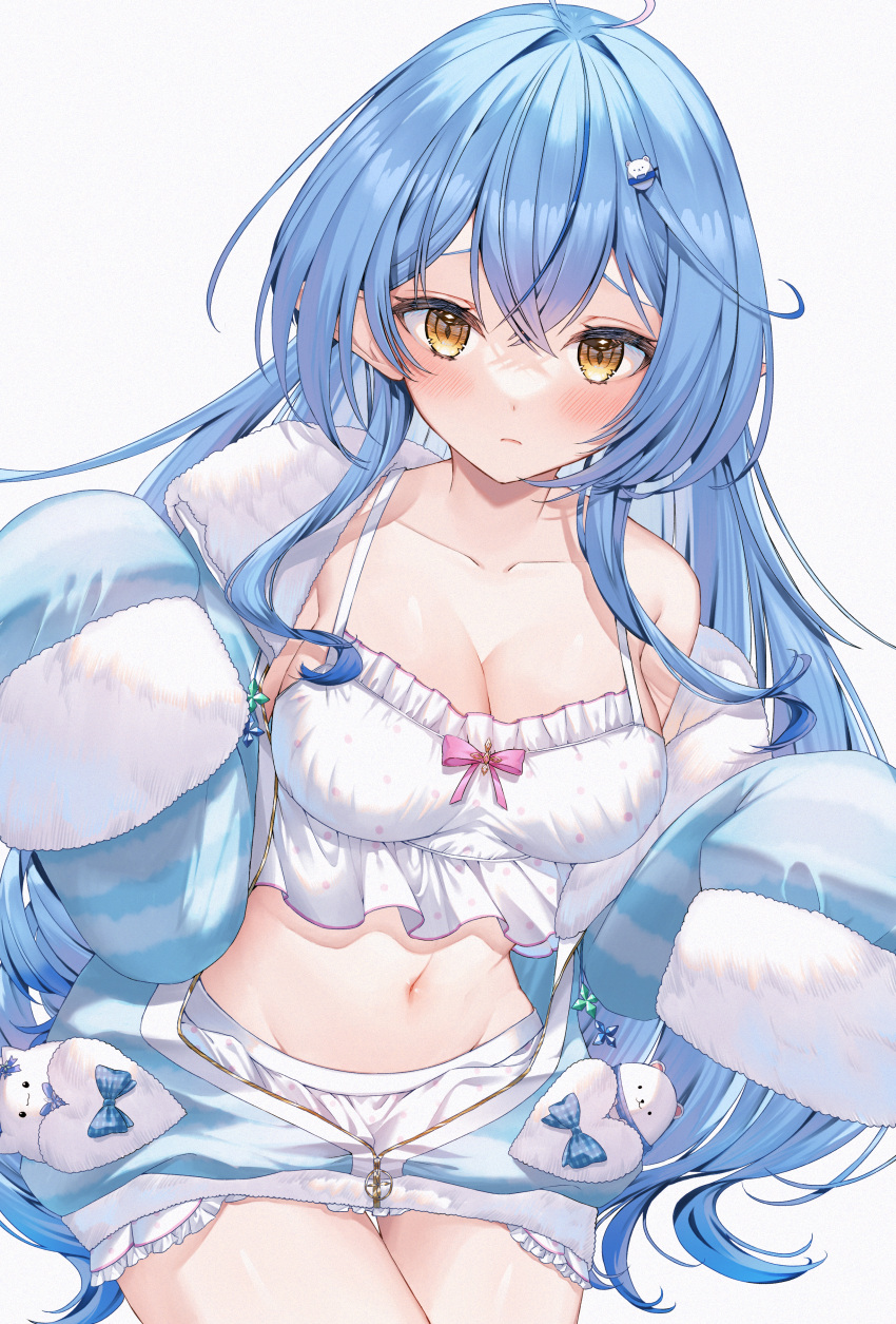 1girl absurdres ahoge bangs bloomers blue_bow blue_hair blue_jacket bow breasts camisole cleavage closed_mouth crop_top crossed_bangs daifuku_(yukihana_lamy) frilled_camisole frills fur-trimmed_jacket fur_trim hair_intakes hair_ornament hands_up heart highres hololive jacket long_hair loungewear medium_breasts navel official_alternate_costume official_alternate_hairstyle open_clothes open_jacket pajamas pink_bow pointy_ears polka_dot polka_dot_camisole raised_eyebrows runlan_0329 sidelocks sleeves_past_fingers sleeves_past_wrists solo stomach striped striped_jacket thighs underwear unzipped very_long_hair virtual_youtuber white_bloomers white_camisole yellow_eyes yukihana_lamy yukimin_(yukihana_lamy) zipper zipper_pull_tab