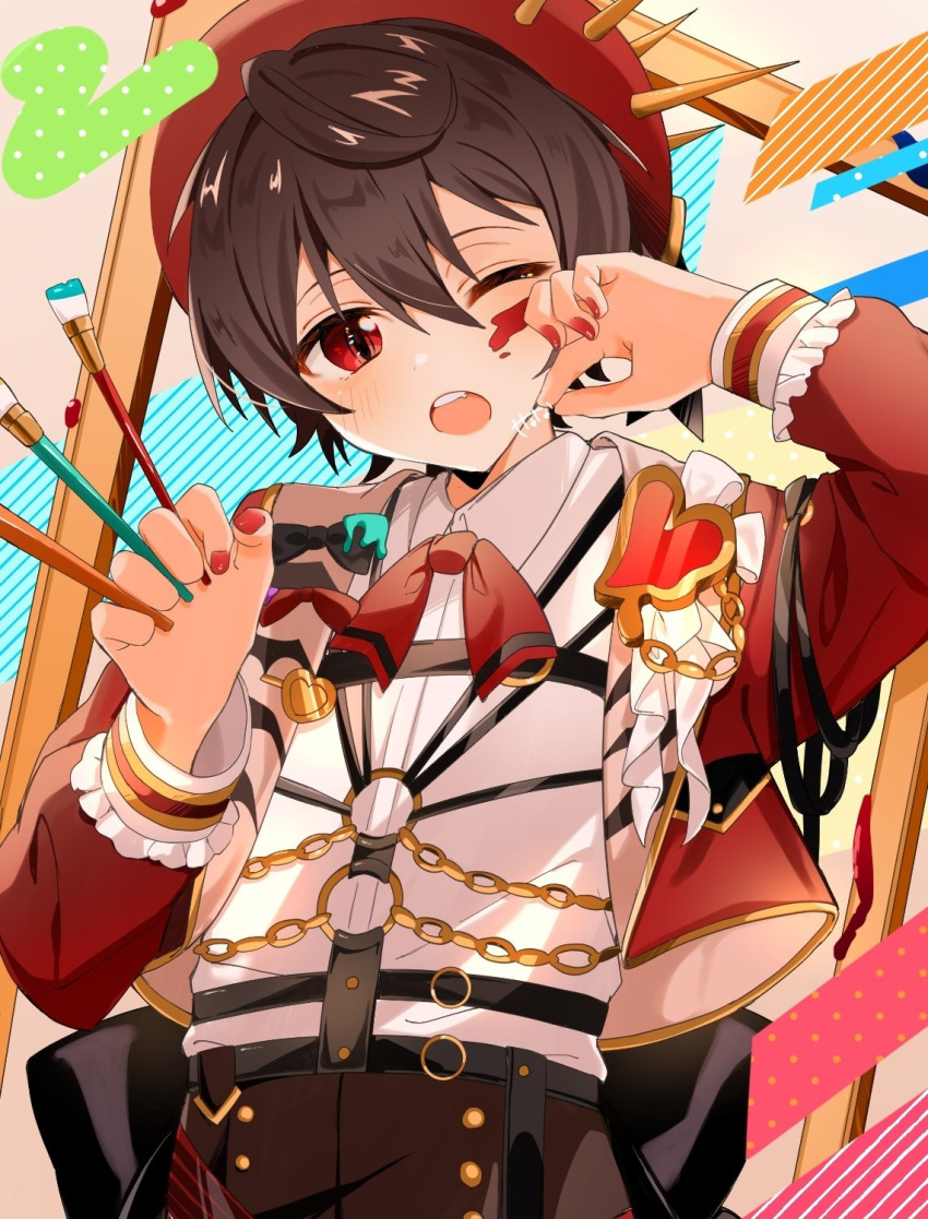 1boy brown_hair ensemble_stars! hat highres holding holding_paintbrush inana long_sleeves looking_at_viewer male_focus nail_polish paint paint_splatter paint_splatter_on_face paintbrush red_eyes red_nails sakuma_ritsu short_hair solo