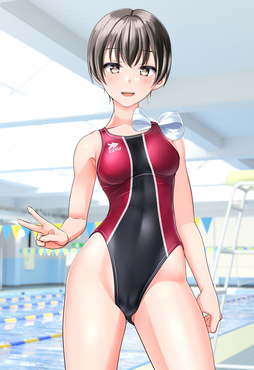 1girl absurdres black_hair black_one-piece_swimsuit breasts brown_eyes cameltoe clothes_writing collarbone commentary_request competition_swimsuit contrail covered_navel cowboy_shot highres indoors logo looking_at_viewer medium_breasts multicolored_clothes multicolored_swimsuit one-piece_swimsuit original pool short_hair simple_background solo string_of_flags swim_cap swim_cap_removed swimsuit takafumi tomboy v