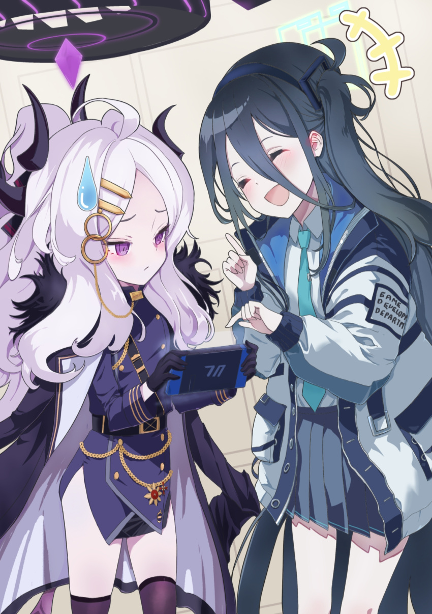 2girls :d ^_^ ^o^ ahoge aris_(blue_archive) bangs belt black_gloves black_hair black_skirt black_thighhighs blue_archive closed_eyes coat coat_on_shoulders collared_shirt commentary_request demon_girl demon_horns demon_wings forehead fur-trimmed_coat fur_trim gloves hair_between_eyes hair_ornament hairband hairclip halo handheld_game_console height_difference highres hina_(blue_archive) holding holding_handheld_game_console hooded_coat horns index_finger_raised long_hair long_sleeves looking_at_another military military_uniform multiple_girls necktie one_side_up oozumi_03 parted_bangs pocket pointing ponytail purple_eyes shirt shoulder_belt side_slit sidelocks simple_background skirt smile thighhighs uniform white_hair wings zettai_ryouiki
